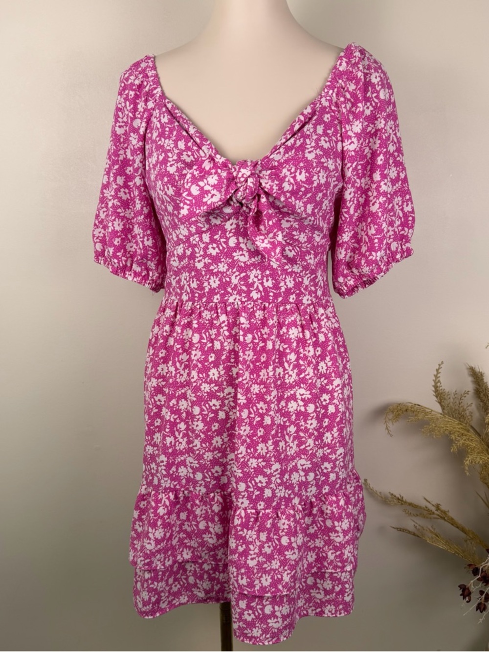 Lauren Conrad Size Large Short Sleeve Pink Floral Tie-Front Summer Dress